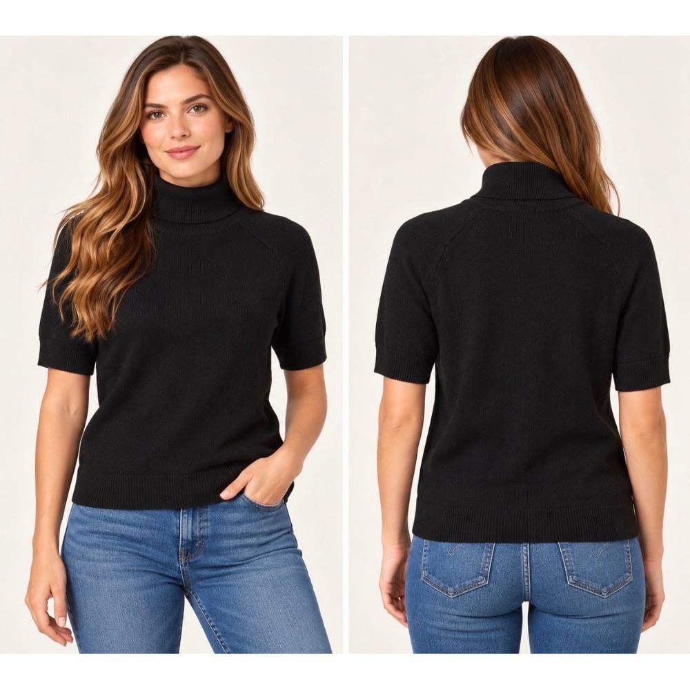 Everlane Wool Cotton Blend Turtleneck Sweater Small Black Short Sleeve Knit Top